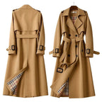 Women's Belted Trench Coat with Double-Breasted Notched Lapel & Plaid Lining - Front Back Pair