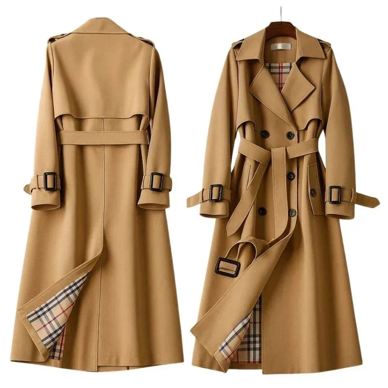 Women's Belted Trench Coat with Double-Breasted Notched Lapel & Plaid Lining - Front Back Pair