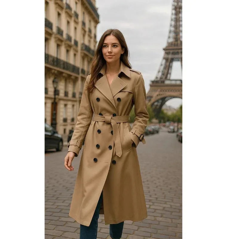 Beige Women's Belted Trench Coat with Double-Breasted Notched Lapel & Plaid Lining — Helena - Worn Lifestyle