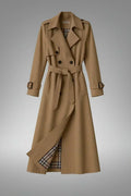 Beige Women's Belted Trench Coat with Double-Breasted Notched Lapel & Plaid Lining — Helena