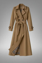 Beige Women's Belted Trench Coat with Double-Breasted Notched Lapel & Plaid Lining — Helena