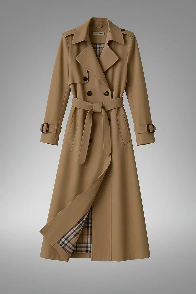 Beige Women's Belted Trench Coat with Double-Breasted Notched Lapel & Plaid Lining — Helena