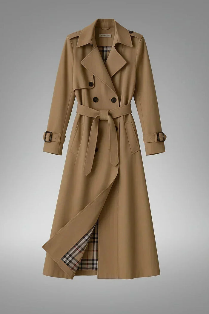 Beige Women's Belted Trench Coat with Double-Breasted Notched Lapel & Plaid Lining — Helena