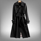 Black Women's Belted Trench Coat with Double-Breasted Notched Lapel & Plaid Lining — Helena