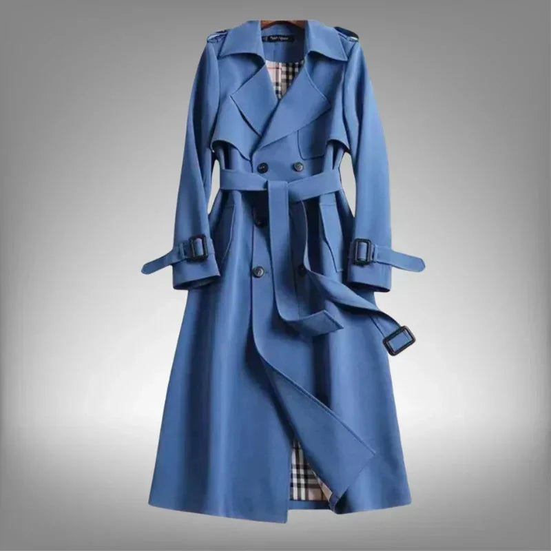 Blue Women's Belted Trench Coat with Double-Breasted Notched Lapel & Plaid Lining — Helena