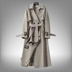 Grey Women's Belted Trench Coat with Double-Breasted Notched Lapel & Plaid Lining — Helena