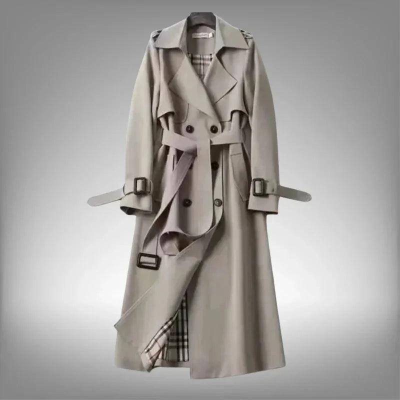 Grey Women's Belted Trench Coat with Double-Breasted Notched Lapel & Plaid Lining — Helena