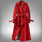 Red Women's Belted Trench Coat with Double-Breasted Notched Lapel & Plaid Lining — Helena