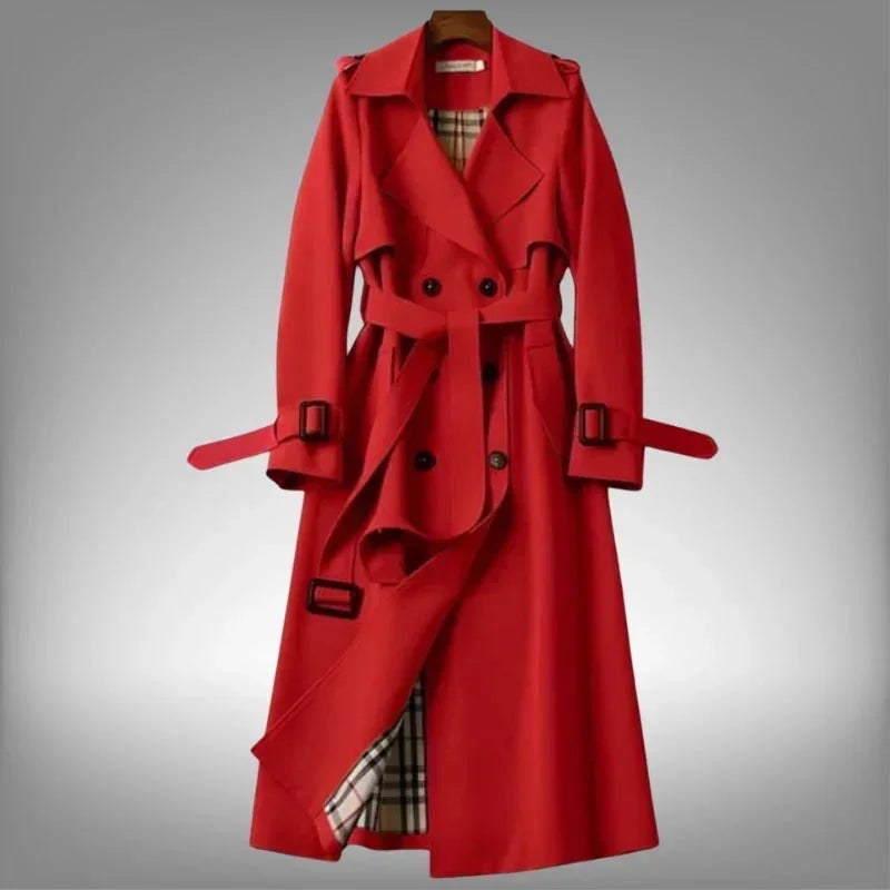 Red Women's Belted Trench Coat with Double-Breasted Notched Lapel & Plaid Lining — Helena