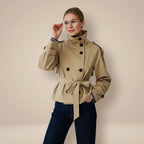 Beige Women's Short Trench Coat with Double-Breasted Buttons & Belted Waist