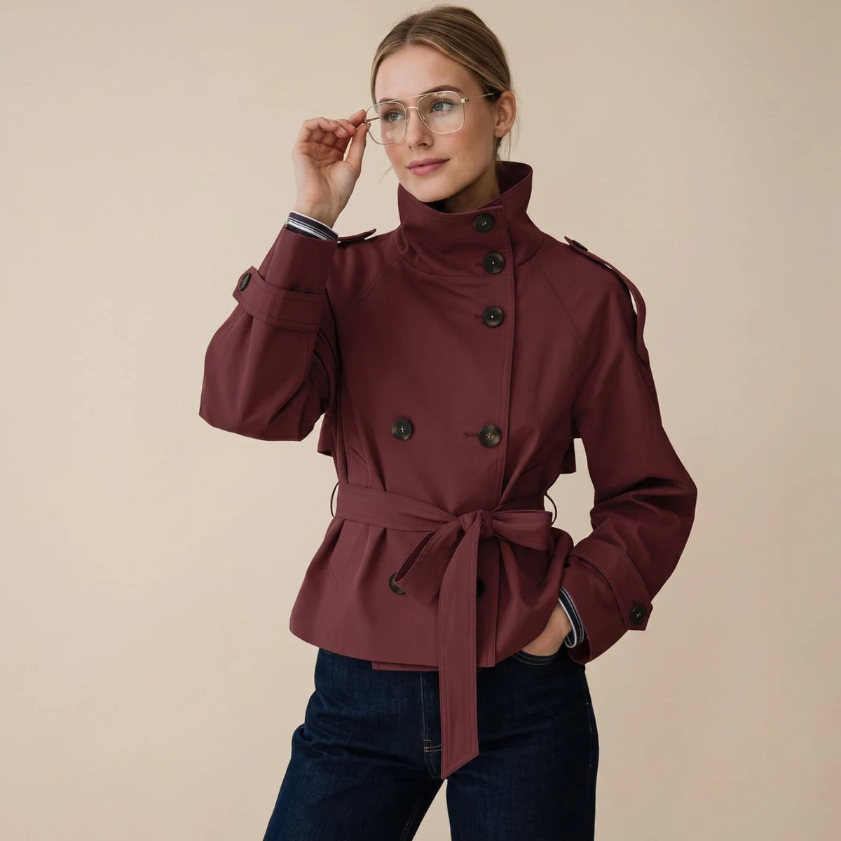 Chestnut Brown Women's Short Trench Coat with Double-Breasted Buttons & Belted Waist - Front Pose Belted