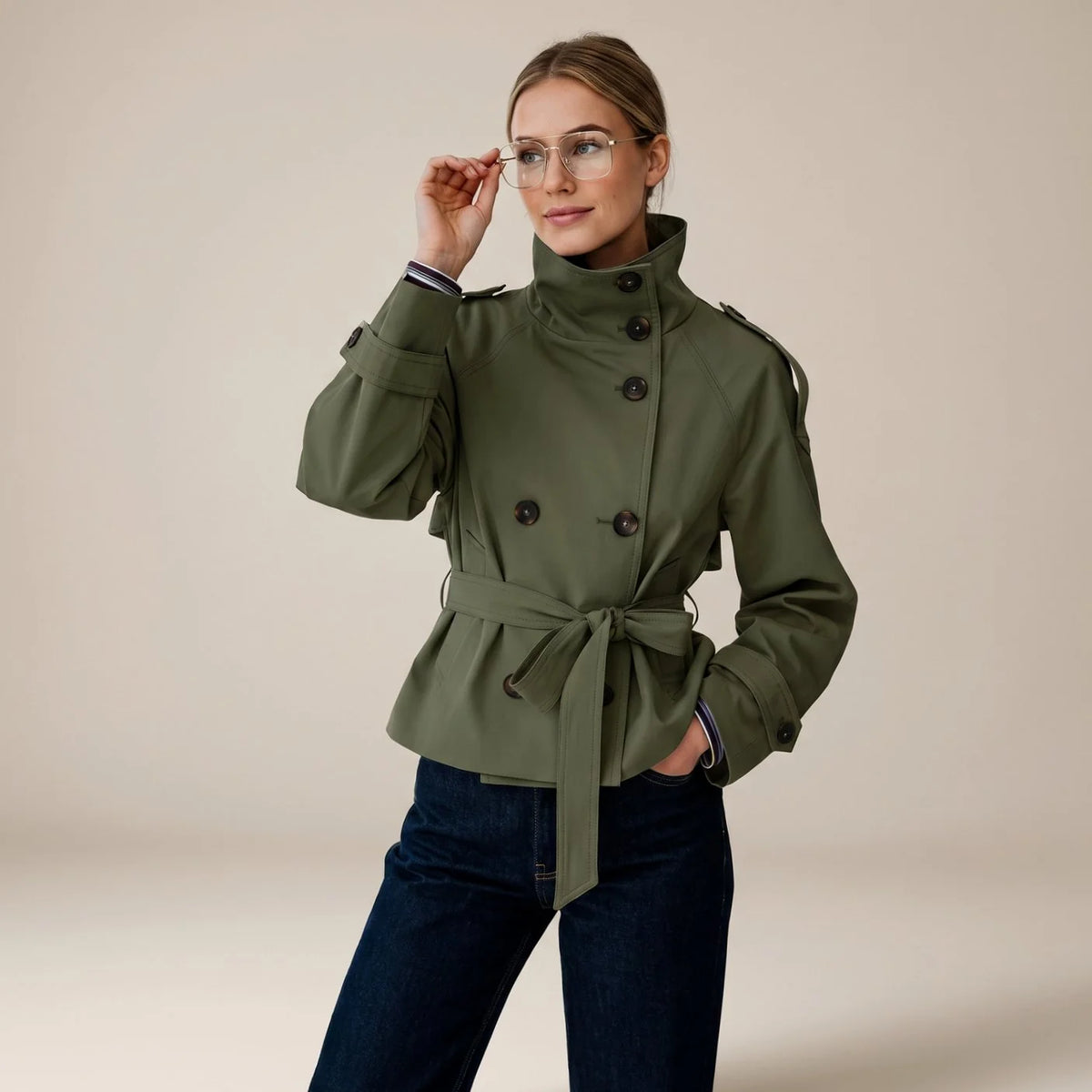 Olive Green Women's Short Trench Coat with Double-Breasted Buttons & Belted Waist - Front Pose Studio
