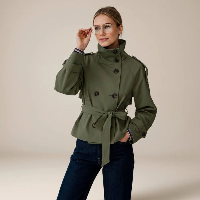 Olive Green Women's Short Trench Coat with Double-Breasted Buttons & Belted Waist - Front Pose Studio
