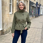 Women's Short Trench Coat with Double-Breasted Buttons & Belted Waist - Outdoor Street Pose