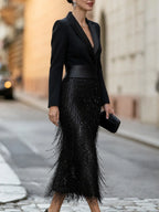 Black Women's Sequin Midi Dress with Satin-Belted Blazer Bodice & Fringe Skirt - Side Profile