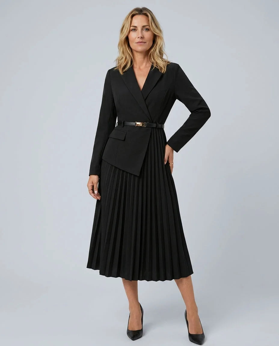 Black Women's Blazer Midi Dress with Belted Wrap Bodice & Pleated Skirt