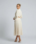 Women's Blazer Midi Dress with Belted Wrap Bodice & Pleated Skirt - Back Side Pose