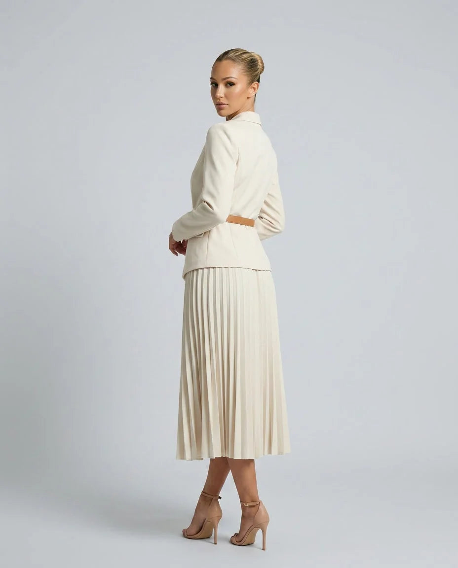 Women's Blazer Midi Dress with Belted Wrap Bodice & Pleated Skirt - Back Side Pose