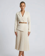 Women's Blazer Midi Dress with Belted Wrap Bodice & Pleated Skirt - Front Close Pose
