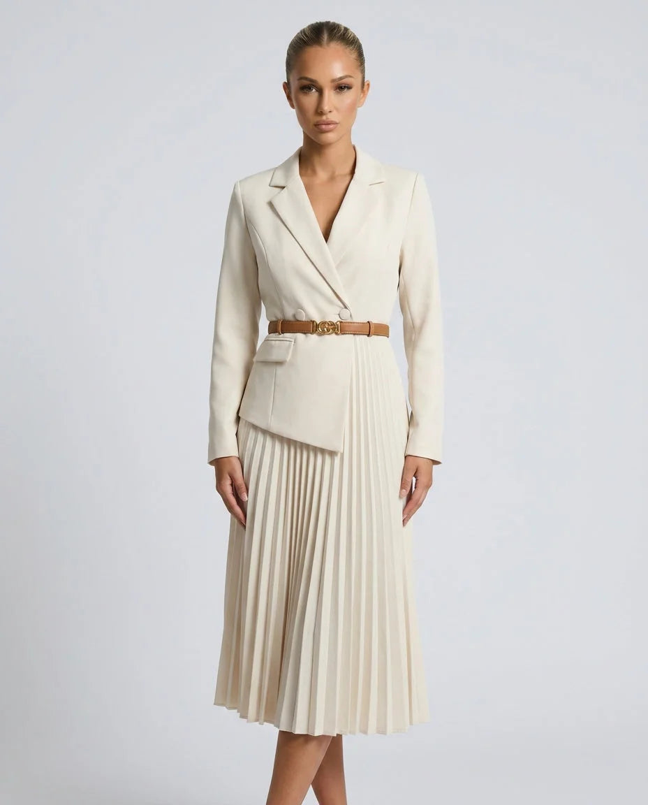 Women's Blazer Midi Dress with Belted Wrap Bodice & Pleated Skirt - Front Close Pose