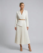 White Women's Blazer Midi Dress with Belted Wrap Bodice & Pleated Skirt