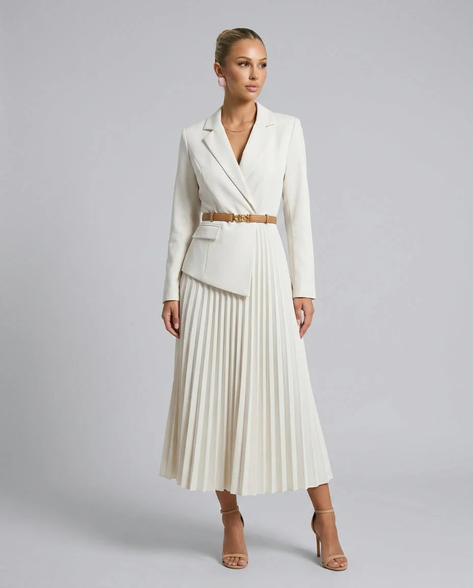 White Women's Blazer Midi Dress with Belted Wrap Bodice & Pleated Skirt
