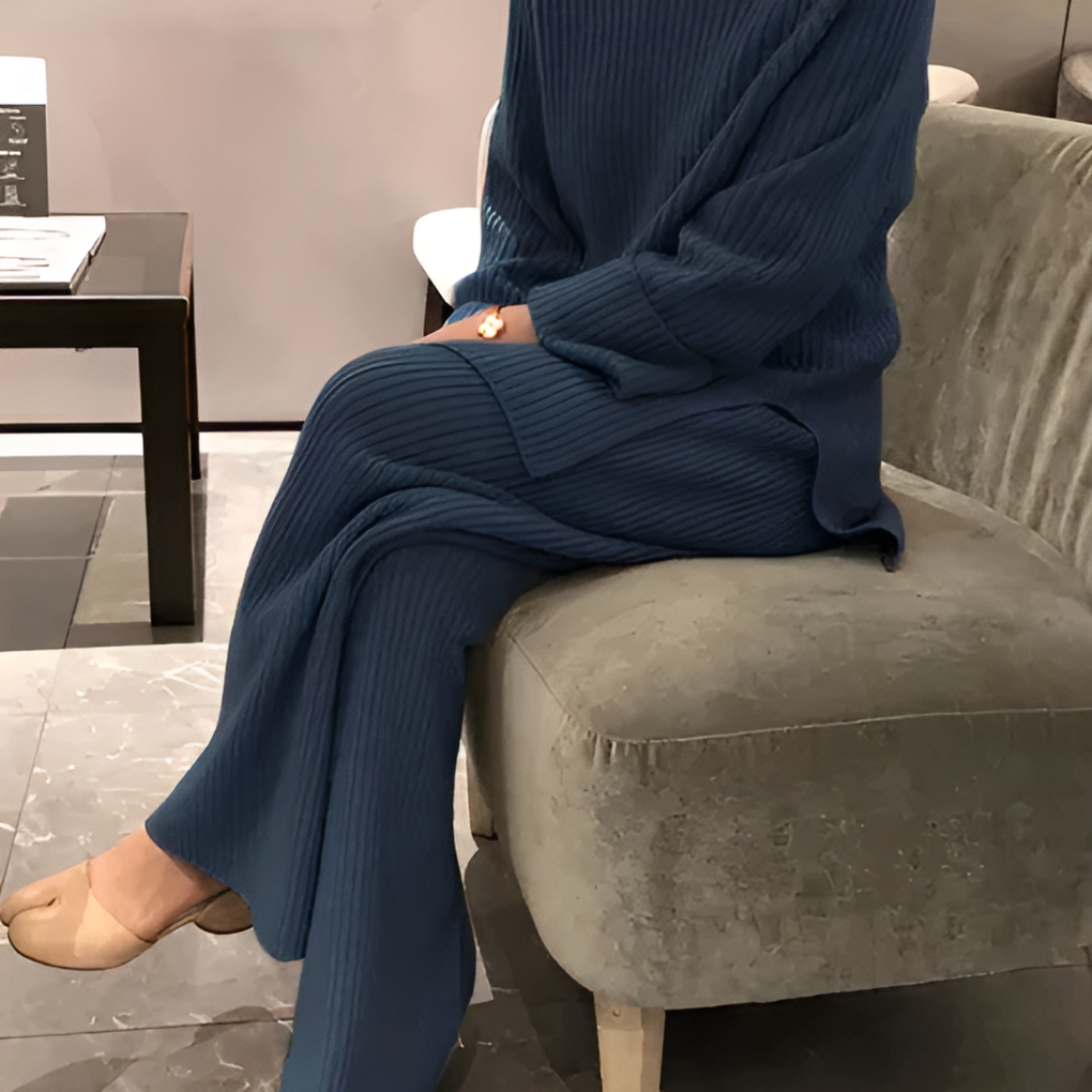 Blue Women's Ribbed Knit Co-Ord Set with Relaxed Sweater & Straight-Leg Trousers