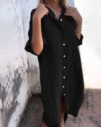 Black Women's Boho Shirt Dress — Chelsea Button-Front Linen Pockets - Front Pose