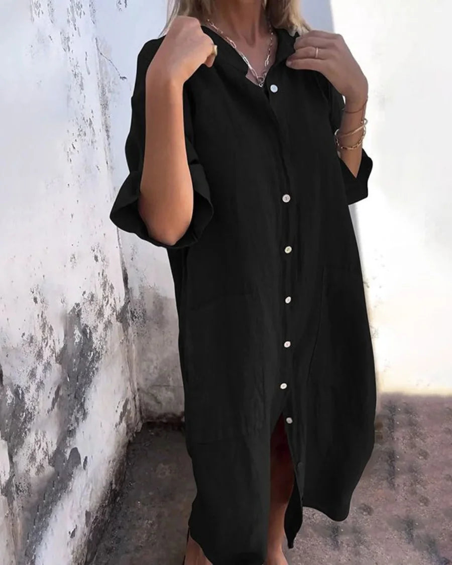 Black Women's Boho Shirt Dress — Chelsea Button-Front Linen Pockets - Front Pose