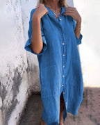Blue Women's Boho Shirt Dress — Chelsea Button-Front Linen Pockets - Front Styled