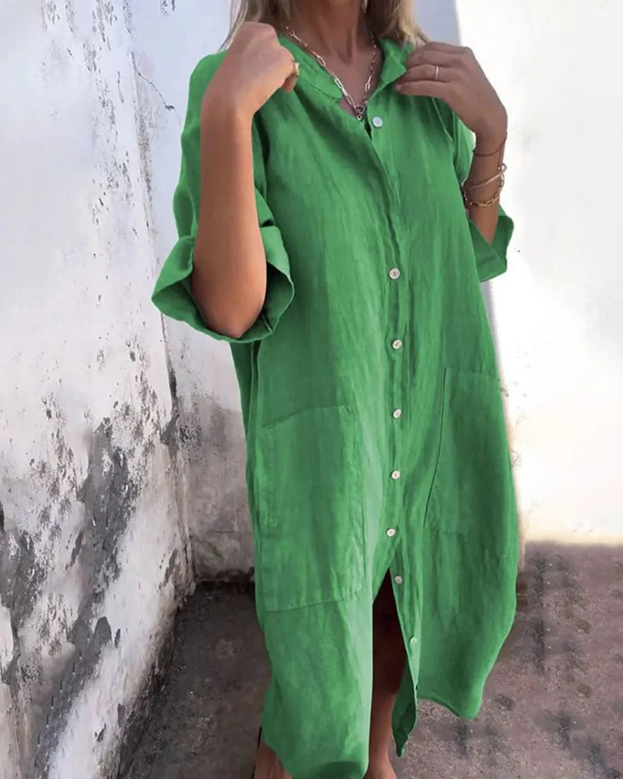 Green Women's Boho Shirt Dress — Chelsea Button-Front Linen Pockets - Front Lifestyle