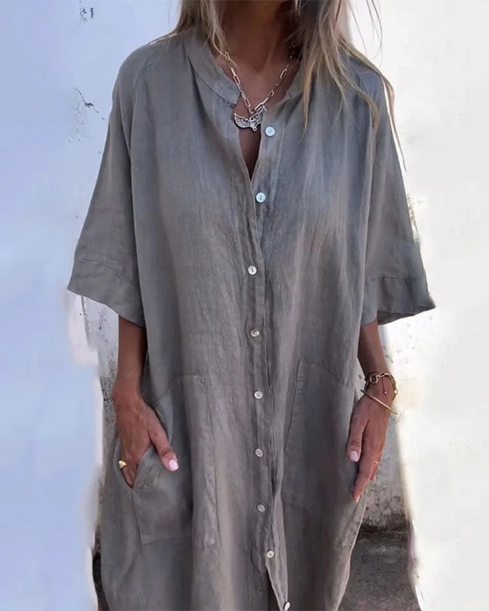 Grey Women's Boho Shirt Dress — Chelsea Button-Front Linen Pockets - Front Full