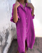 Purple Women's Boho Shirt Dress — Chelsea Button-Front Linen Pockets - Front Collar Detail