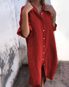 Red Women's Boho Shirt Dress — Chelsea Button-Front Linen Pockets - Front Buttoned