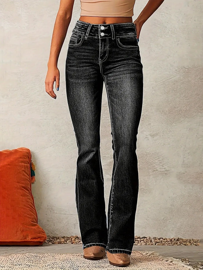 Black Women's High-Waisted Bootcut Jeans — Janie Stretchy Double-Button Denim - Front Full