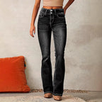 Black Women's High-Waisted Bootcut Jeans — Janie Stretchy Double-Button Denim - Side Pose