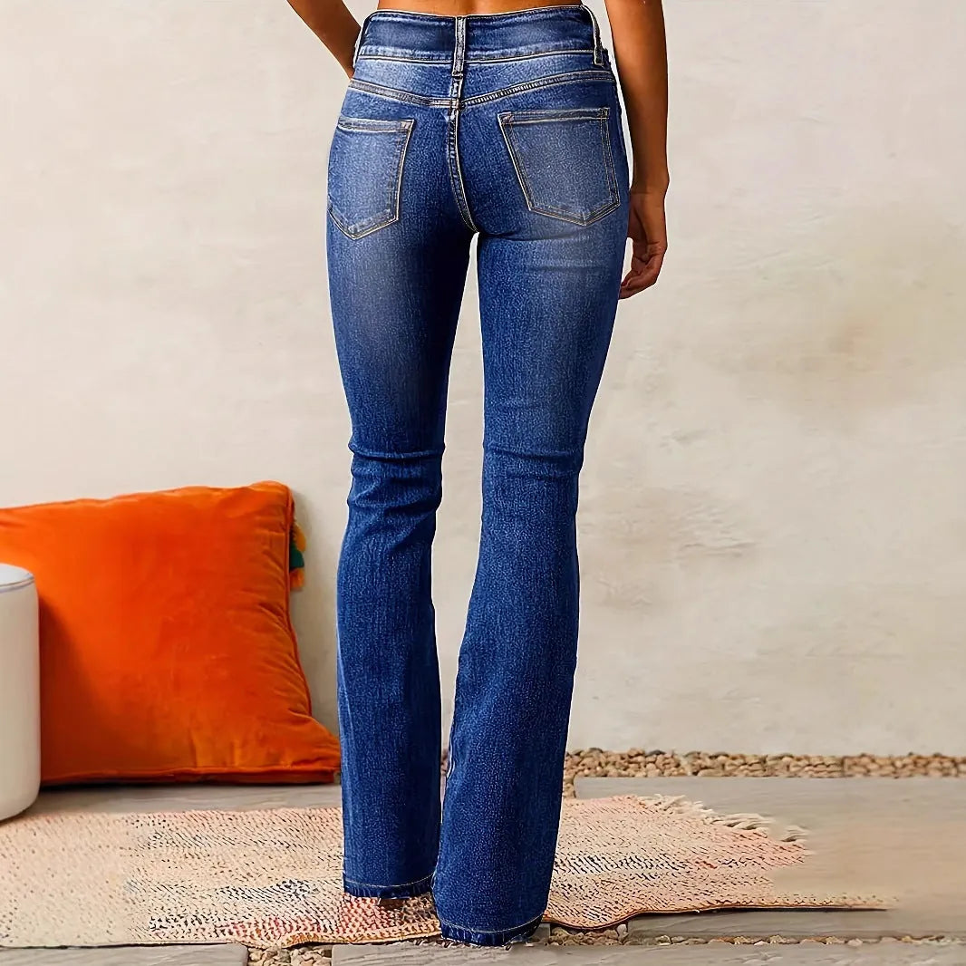 Blue Women's High-Waisted Bootcut Jeans — Janie Stretchy Double-Button Denim - Back Detail