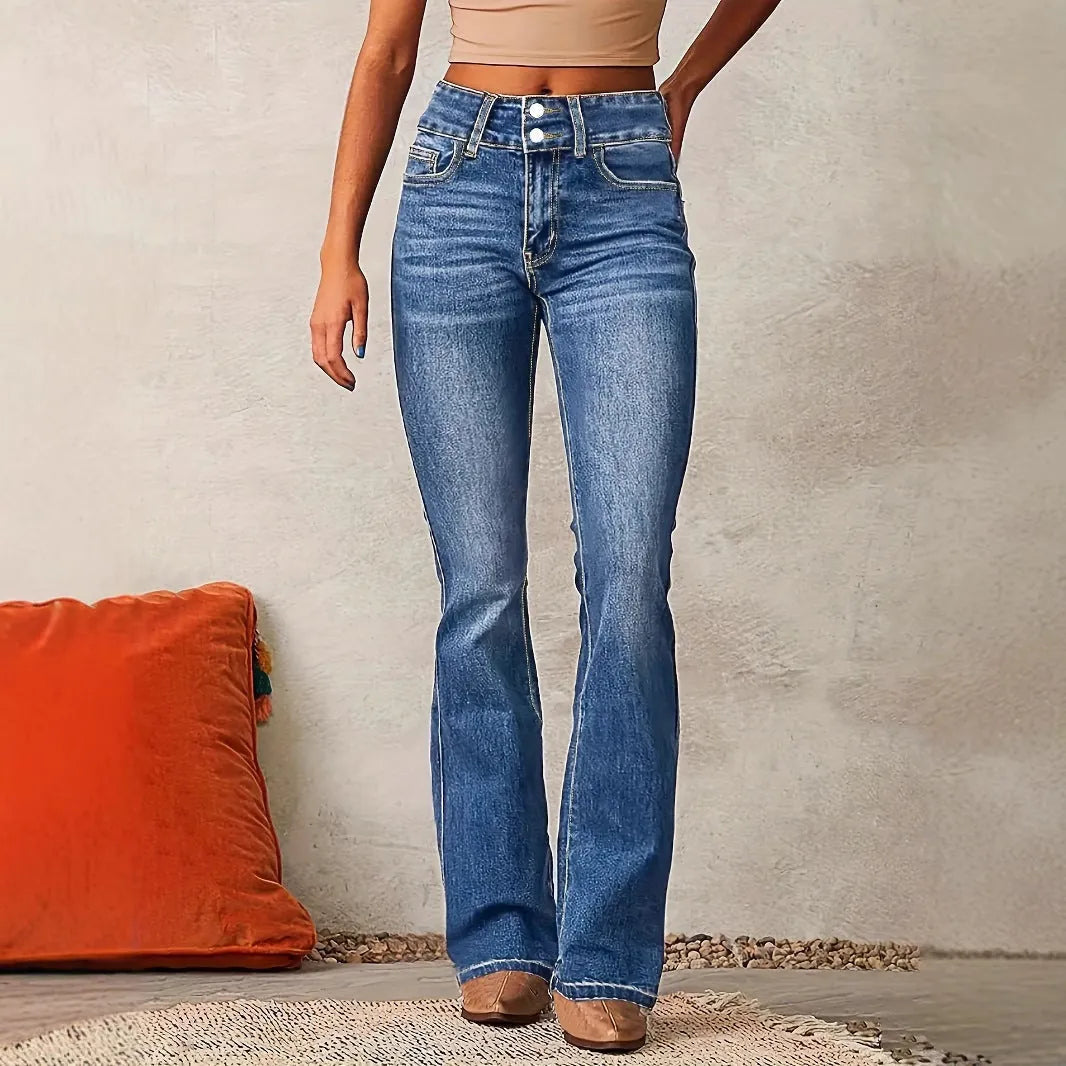 Blue Women's High-Waisted Bootcut Jeans — Janie Stretchy Double-Button Denim - Front Studio