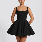 Black Women's A-Line Bow Back Cocktail Mini Dress with Square Neckline & Adjustable Straps — Lucy - Front Bodice Closeup