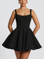 Black Women's A-Line Bow Back Cocktail Mini Dress with Square Neckline & Adjustable Straps