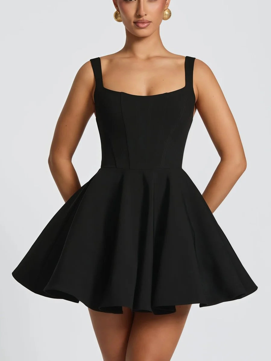 Black Women's A-Line Bow Back Cocktail Mini Dress with Square Neckline & Adjustable Straps