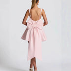 Pink Women's A-Line Bow Back Cocktail Mini Dress with Square Neckline & Adjustable Straps — Lucy - Back Bow Detail