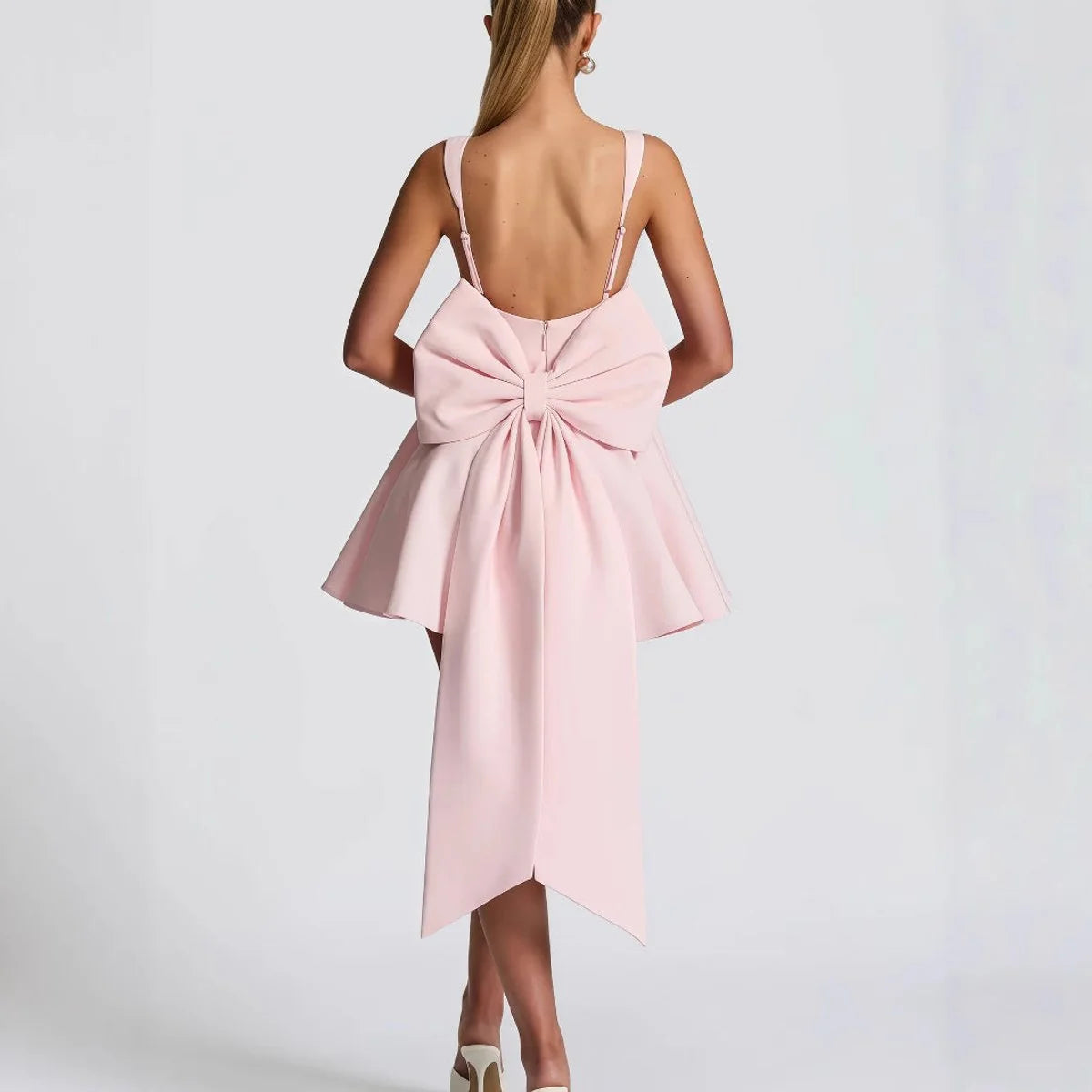 Pink Women's A-Line Bow Back Cocktail Mini Dress with Square Neckline & Adjustable Straps — Lucy - Back Bow Detail