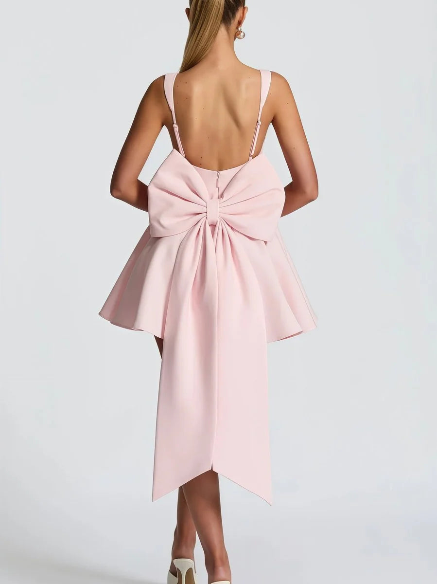 Pink Women's A-Line Bow Back Cocktail Mini Dress with Square Neckline & Adjustable Straps