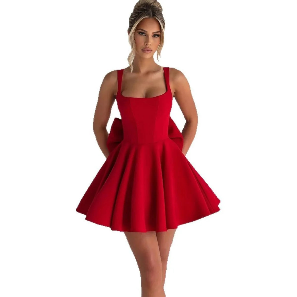 White Women's A-Line Bow Back Cocktail Mini Dress with Square Neckline & Adjustable Straps - Front Studio White