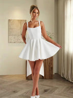White Women's A-Line Bow Back Cocktail Mini Dress with Square Neckline & Adjustable Straps — Lucy