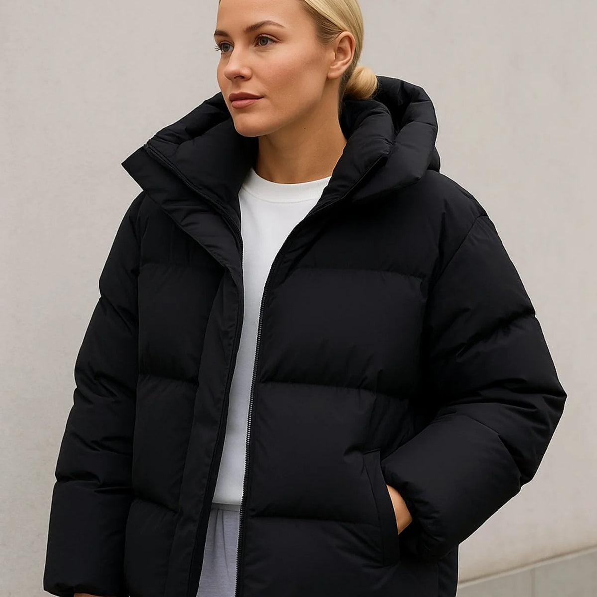 Black Women's Quilted Puffer Jacket with Boxy Fit & Removable Hood