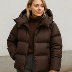 Brown Women's Quilted Puffer Jacket with Boxy Fit & Removable Hood
