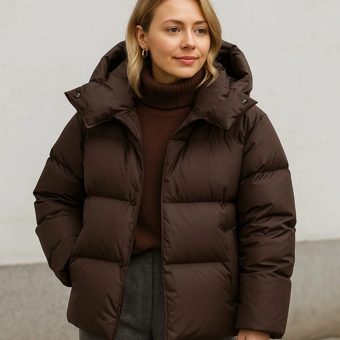 Brown Women's Quilted Puffer Jacket with Boxy Fit & Removable Hood