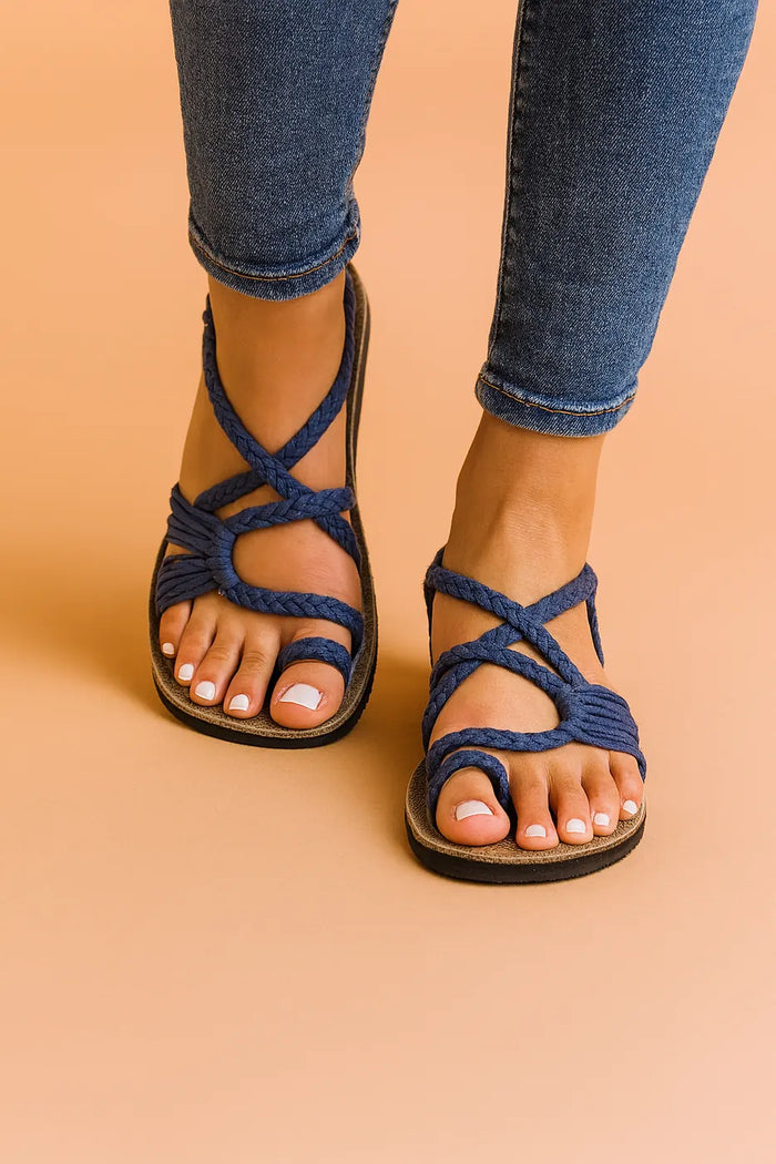 Blue Women's Braided Rope Flat Sandals — Severine Strappy Lace-Up Boho - Front Full